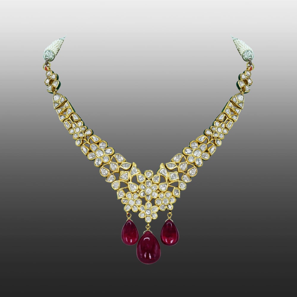 Polki Necklace with Cascading Rubylite Drops